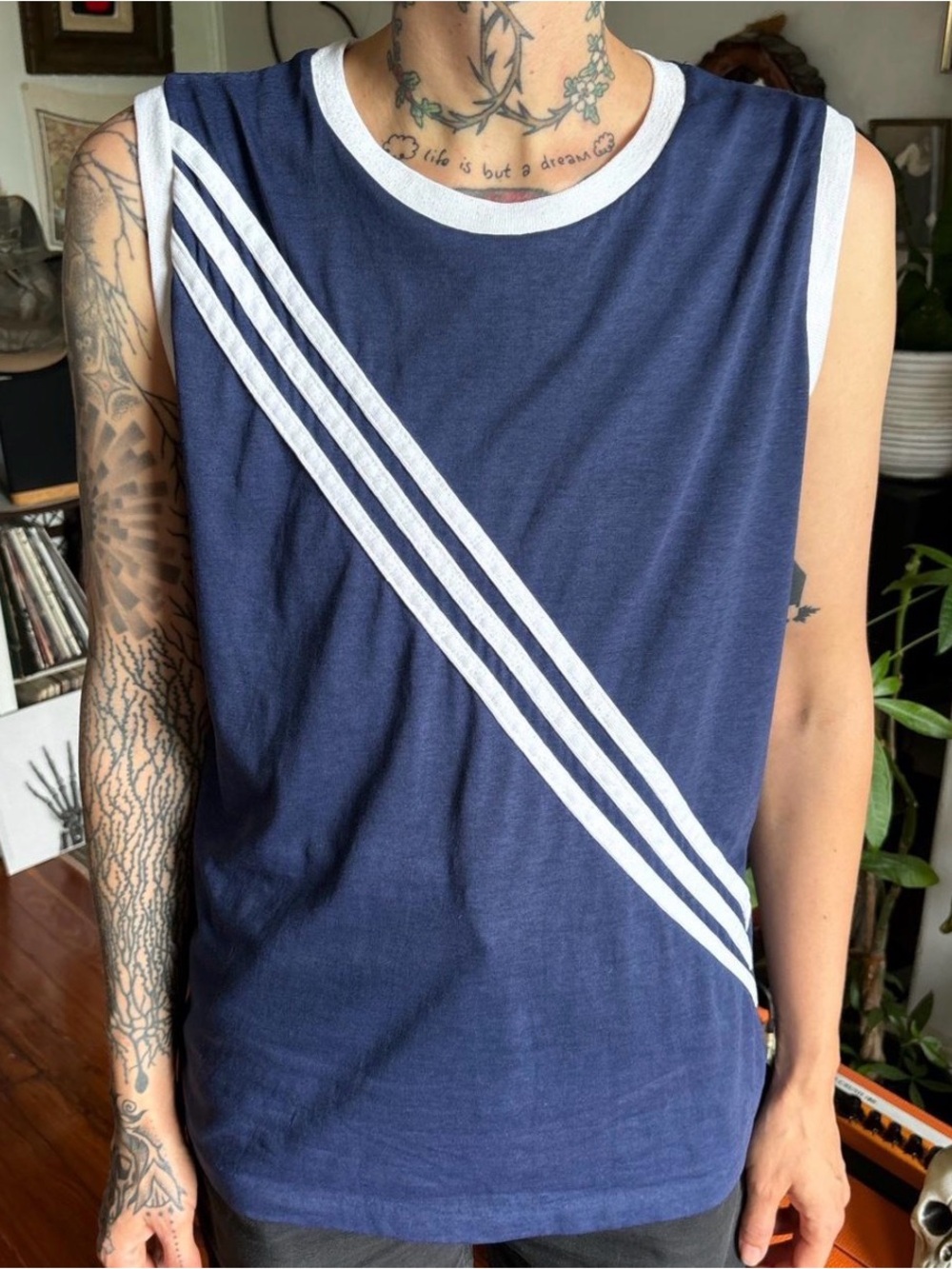 Vintage 70s 80s Navy Blue and White Striped Ringer Muscle Tee Campus